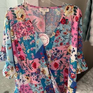Umgee Women's Floral Patchwork Blouse - Blue and Pink